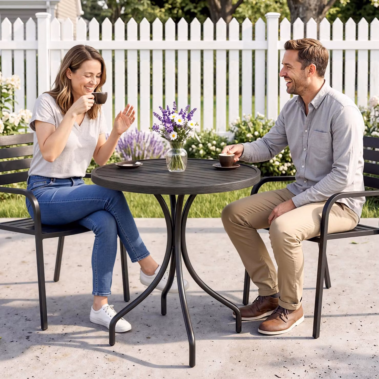 Outsunny Round Garden Side Table with Steel Frame and Grey Wood Grain Slat Tabletop, Diameter: 66 cm – 6