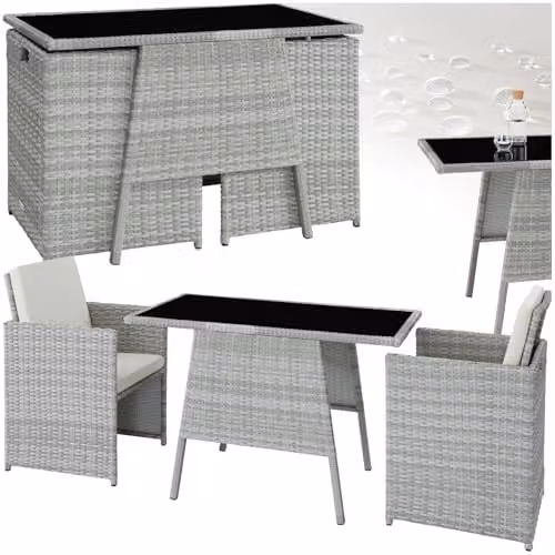 tectake Rattan Bistro Set with 2 Chairs and 1 Glass Top Table in Light Grey