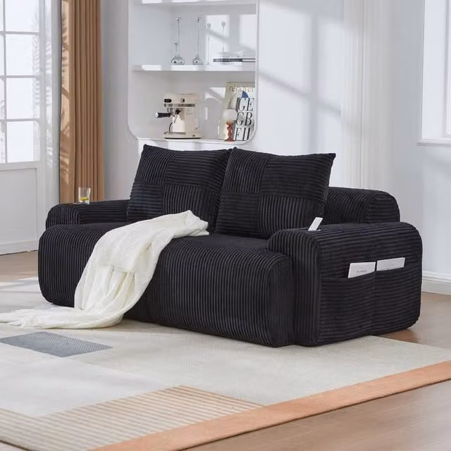 Rolipo Modular 2-Seater Reclining Sofa in Black Corduroy with Cup Holders – 1