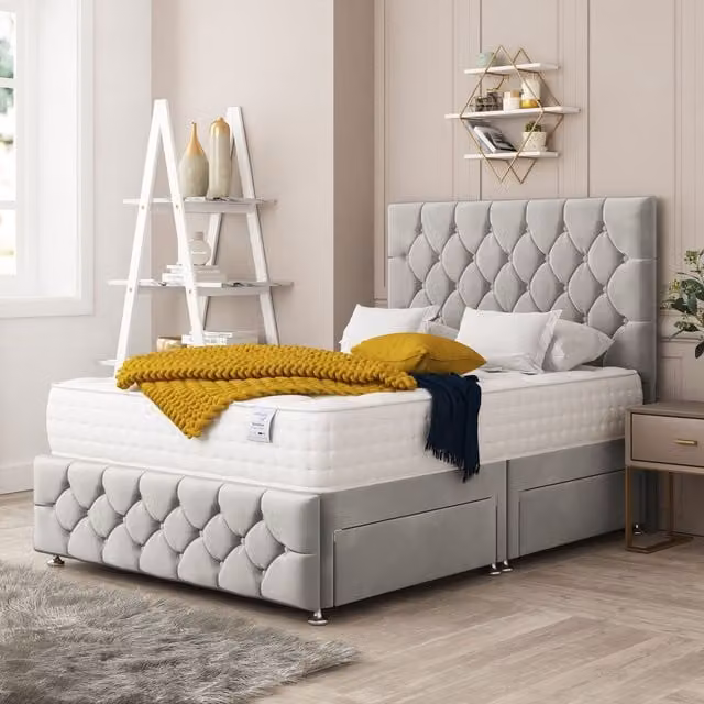Bed Choices Regency Bed Set with Mattress and Headboard in Silver Plush Velvet, Super King, W/D/H: 200 x 200 cm