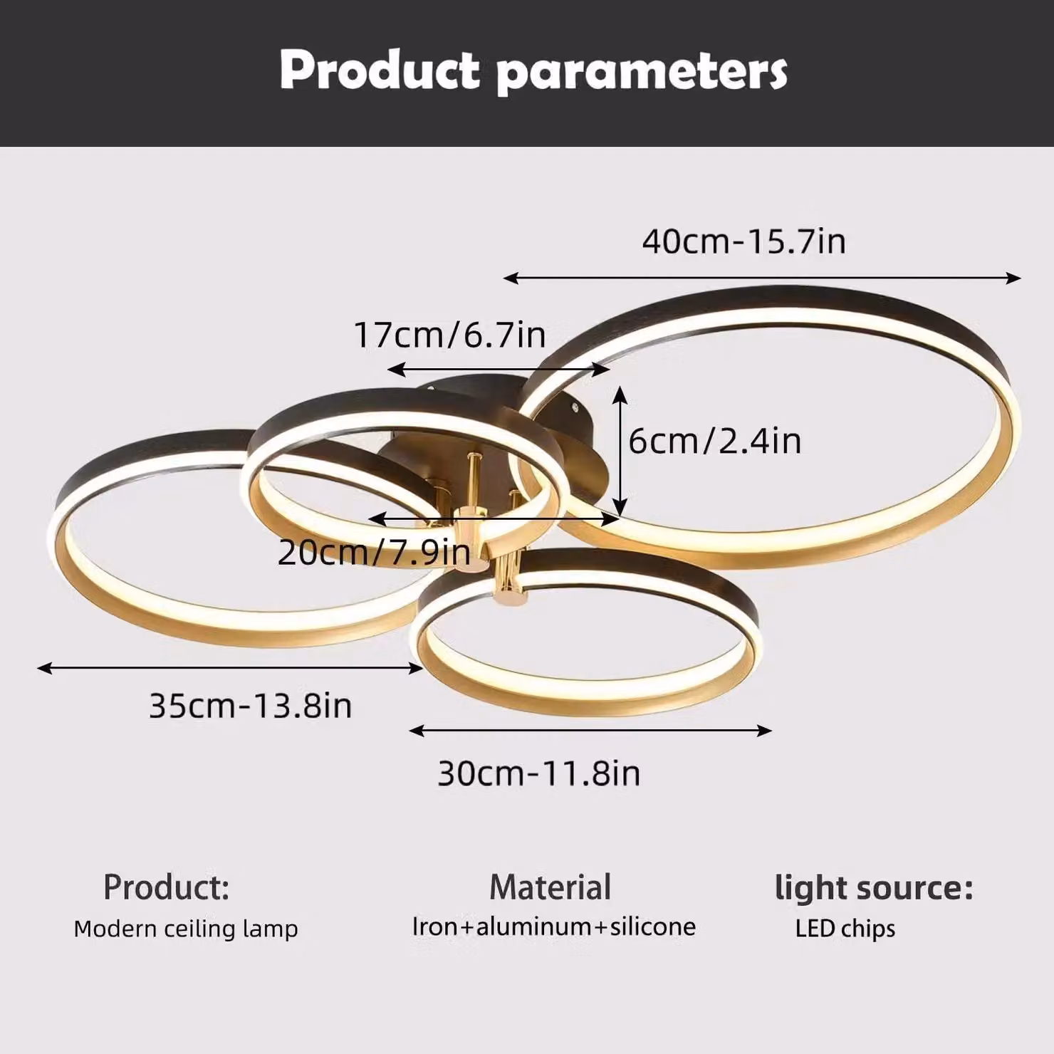 Garwarm Modern 60W Dimmable LED Ceiling Light with 4 Rings in Gold/Brass – 4