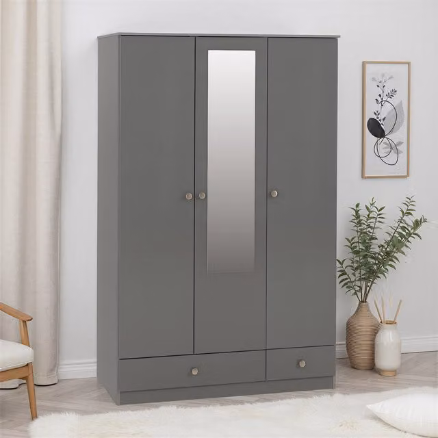 Seconique Denver 3 Door 2 Drawer Mirrored Wardrobe in Grey Gloss
