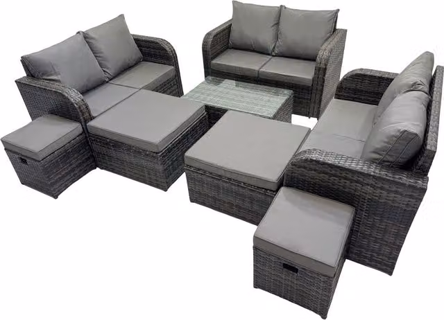 Fimous 10-Seater Grey Rattan Outdoor Sofa Set with Coffee Table and Ottomans