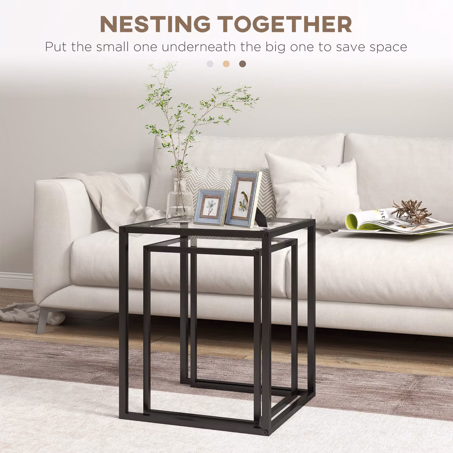 HOMCOM Set of 2 Nesting Side Tables with Tempered Glass Tops and Steel Frame, Black – 3