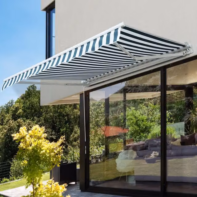 Outsunny Manual Wall-Mounted Garden Awning Canopy with Folding Arms, Green and White Striped, W: 250 cm, D: 200 cm