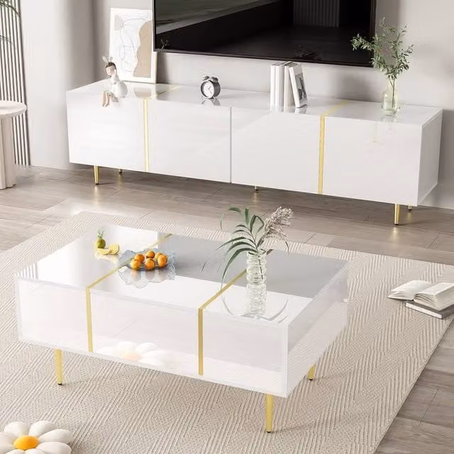 Matteo Modern High-Gloss White and Gold TV Cabinet and Coffee Table Set – 1