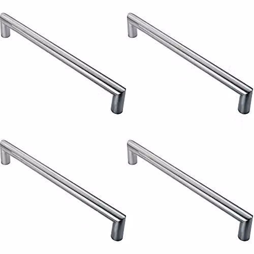 Loops 4 Pack Mitred Round Bar Pull Handles in Brushed Silver Stainless Steel, 10.6 cm x 1 cm, 96 mm Fixing Centres