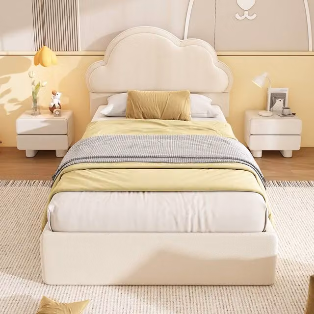 Merax Single Velvet Ottoman Bed Frame in Beige with Cloud Headboard, W/D/H: 90 x 190 x 113 cm – 1