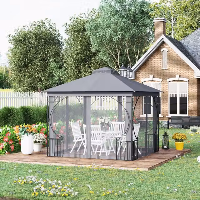 Outsunny Metal Garden Party Tent Gazebo Pavilion, Light Grey, W 300 cm x D 300 cm