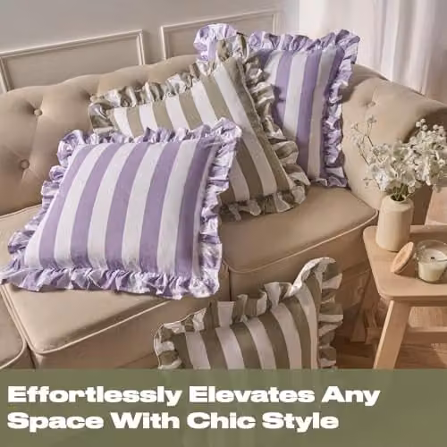 OHS Striped Frill Cushion Covers, 2 Pack, Green, W/D/H: 45 x 45 x 45 cm – 2