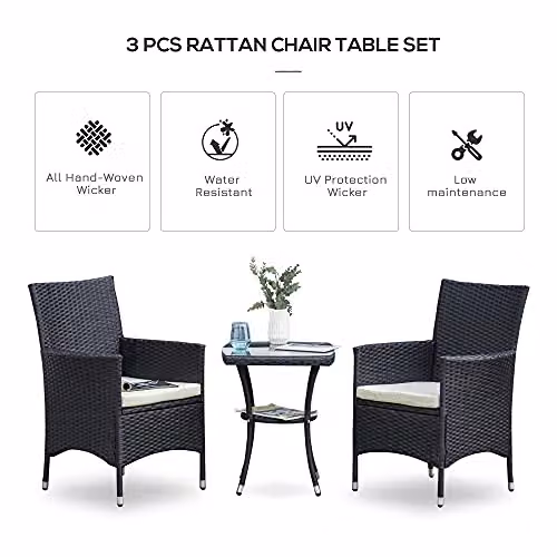 Outsunny 3 Piece Rattan Bistro Set with Glass Top Table and Chairs in Black – 3