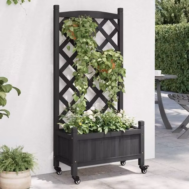 Berkfield Home Black Solid Fir Wood Planter with Trellis and Wheels – 1