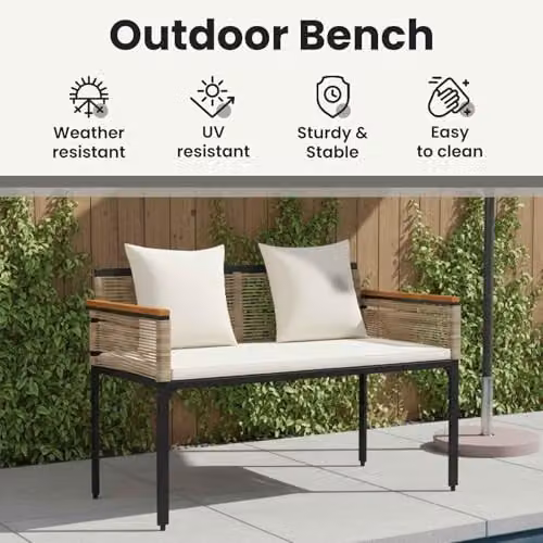 vidaXL 2-Seater Outdoor Bench with Armrests in Beige and White Poly Rattan, W: 117 cm, D: 54 cm, H: 74.5 cm – 3