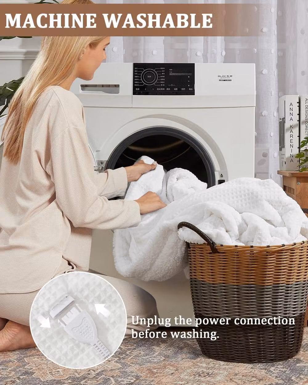 London Boutique Dual-Sided Flannel Electric Heated Blanket in White with 6 Heat Levels and 10h Auto-Off – 5
