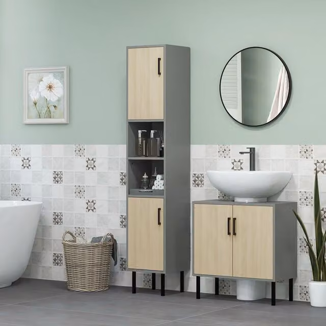 Kleankin Freestanding Under Sink Bathroom Storage Cabinet with Hinged Double Doors and Internal Shelves, W/D/H: 60 x 30 x 61 cm, Brown – 5
