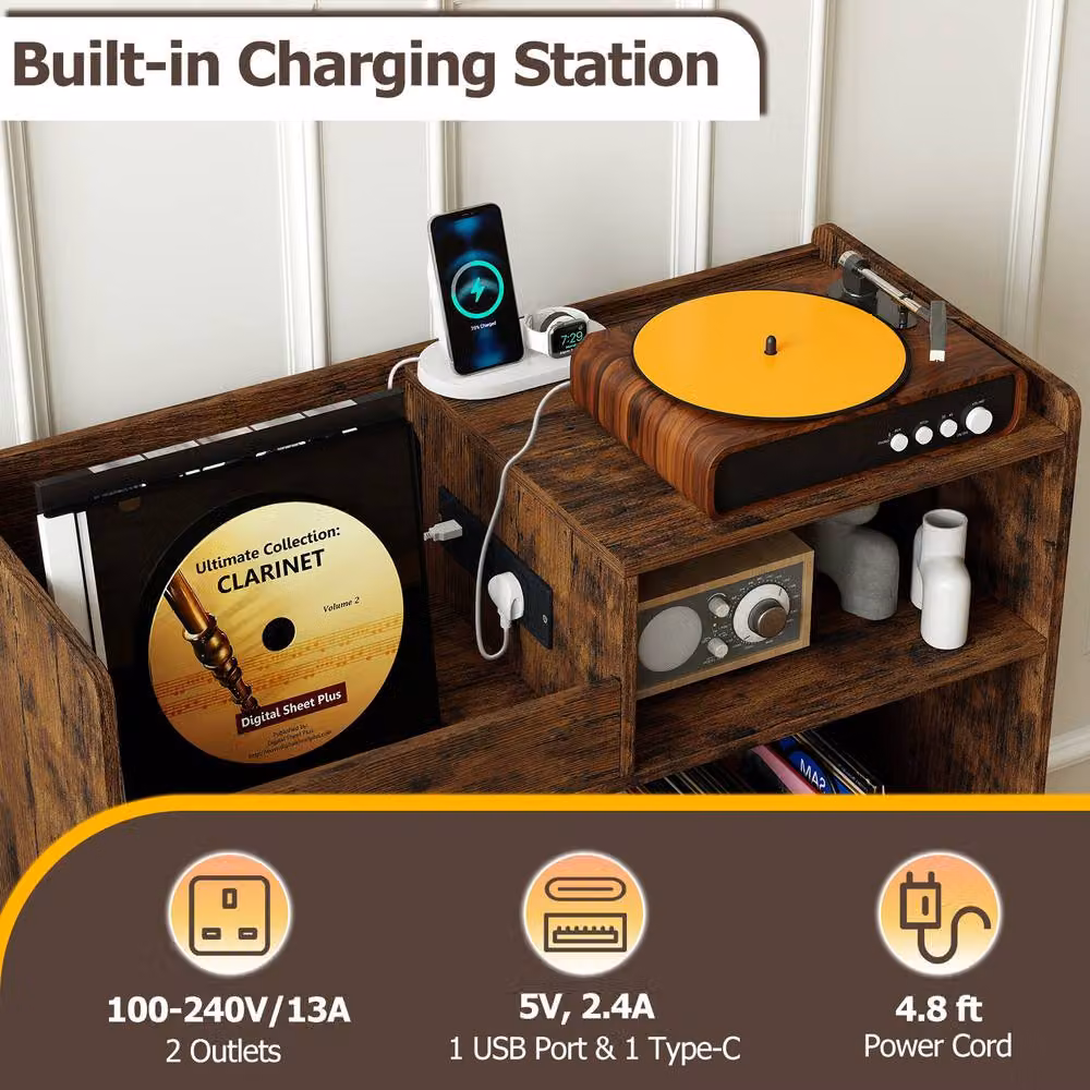 Costway Industrial Record Player Stand with Power Outlets and Media Compartments in Brown – 4