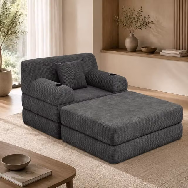 STILVORA Modern Grey Fabric Sofa Bed with Metal Frame and Cup Holders – 1