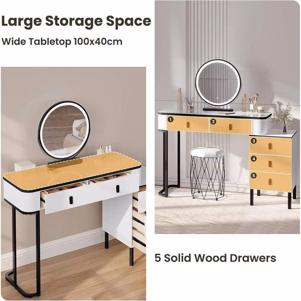FORGEVIO Modern White Glossy Dressing Table with Dimmable LED Hollywood Mirror – 2