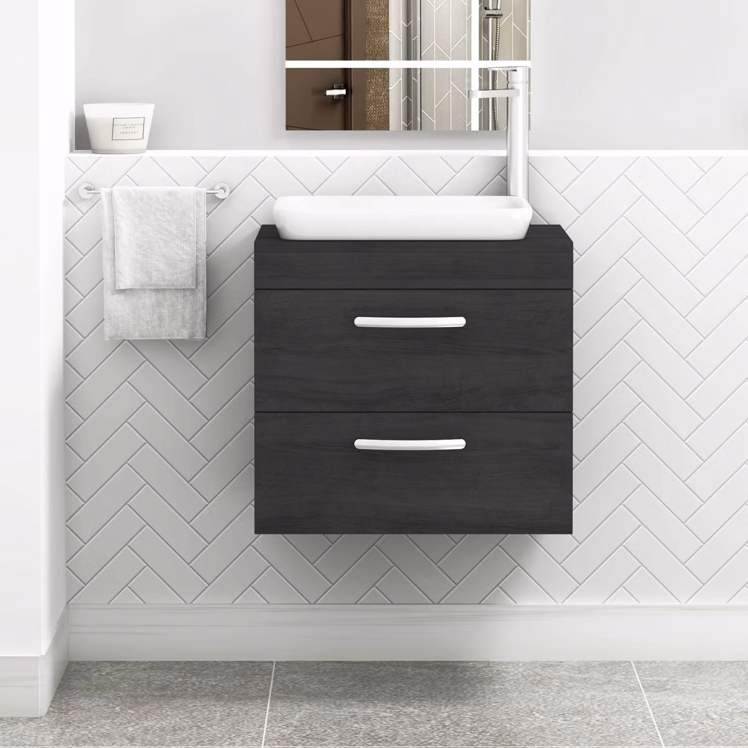 Qubix Turin 800mm Wall Hung Vanity Unit with 2 Drawers and Countertop Basin in Hale Black