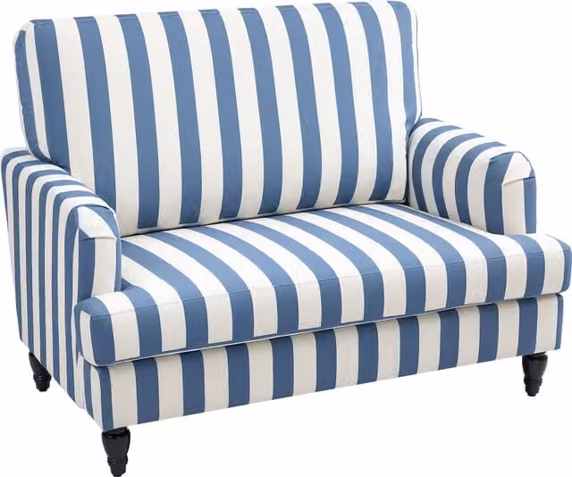 HOMCOM Modern Velvet Accent Chair with Striped Fabric and Rubberwood Turned Legs in Blue and White