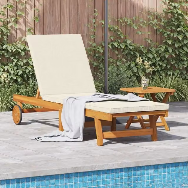 Berkfield Home Acacia Wood Sun Lounger with Castors and Cream White Weatherproof Cushion in Brown – 1