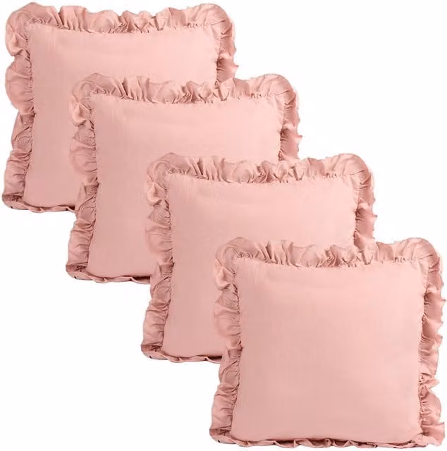 Pack of 4 Pink Linen and Polyester Frill Square Cushion Covers