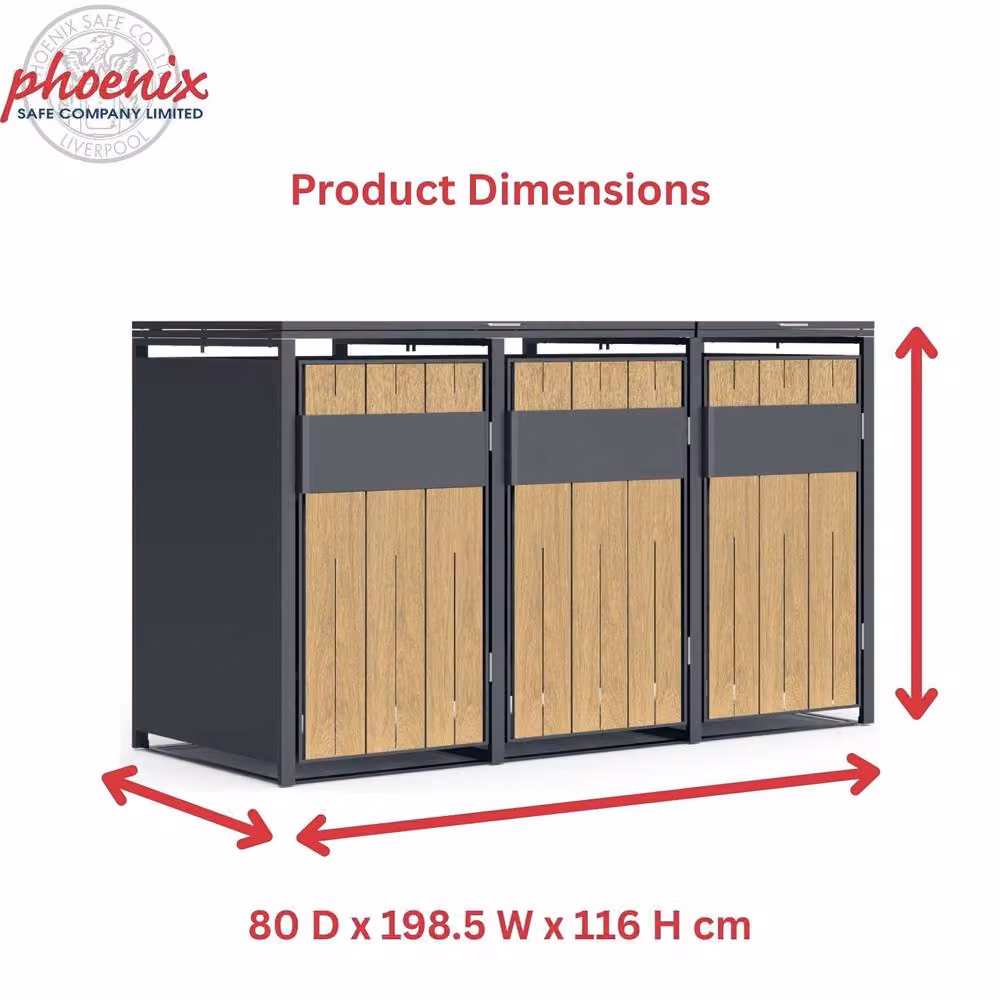 Phoenix Safe Company Outdoor Triple Wheelie Bin Store for 3 x 240L Bins, Oak Effect Metal Storage in Brown, W/D/H: 80 x 116 x 80 cm – 3