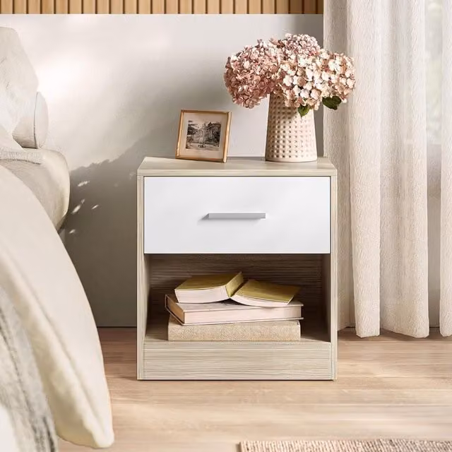 The Bazaarist Modern Bedside Table with Drawer and Open Storage Compartment in Beige, White and Brown