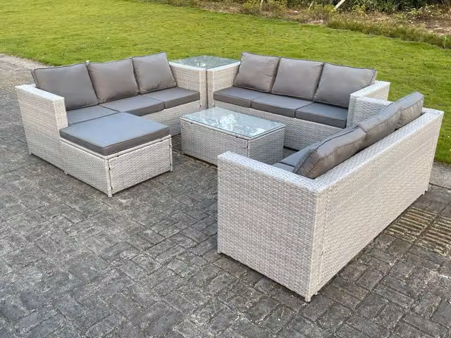 Fimous 10 Seat Light Grey PE Rattan Garden Furniture Set with Oblong Coffee Table