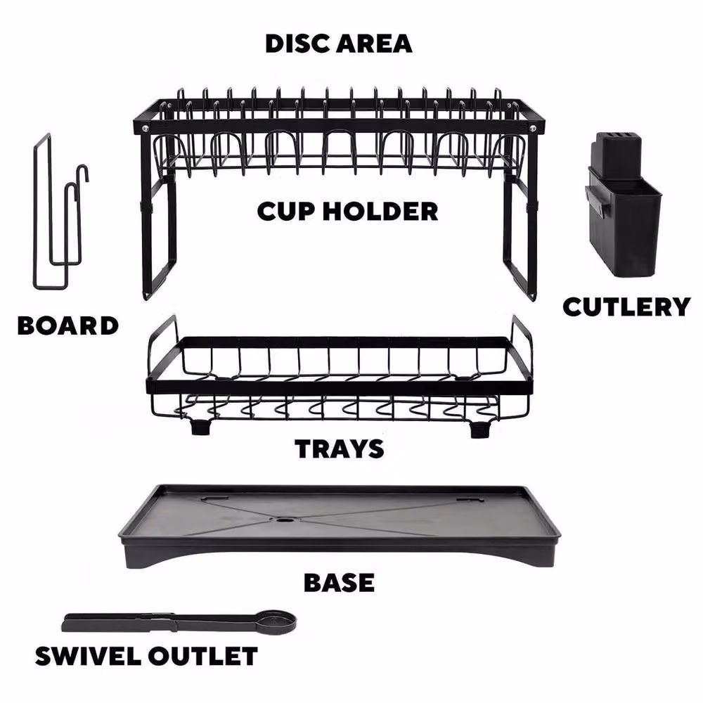 KORVIXA 2 Tier Kitchen Sink Dish Drainer Rack in Black with Cutlery and Cup Holders – 4