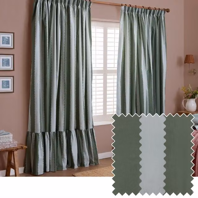 Make It A Home Birdie Stripe Fully Lined Ruffle Pencil Pleat Curtain Pair in Bay Green-Mist, Width: 137 cm, Height: 168 cm