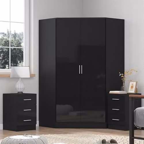 Reflect Modern Gloss Black Bedroom Set with 2 Door Corner Wardrobe and 2x 3 Drawer Bedside Tables