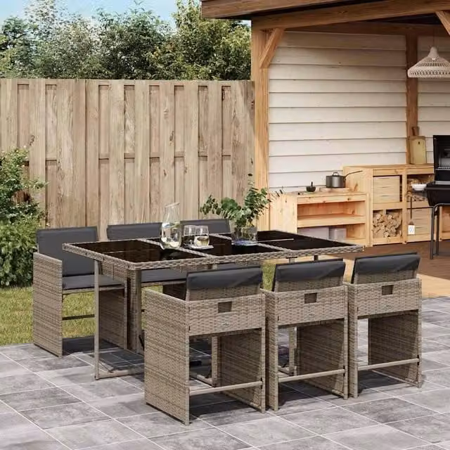Berkfield Home Garden 7 Piece Grey PE Rattan Dining Set with Glass Tabletop