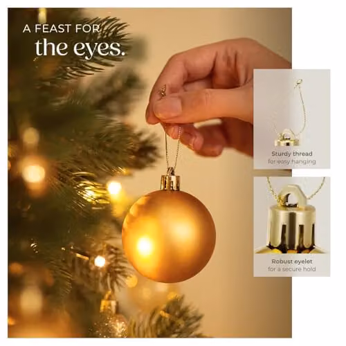 tectake 24-Pack Christmas Baubles in White and Gold with Glossy, Matt, Glittery and Transparent Finishes – 3