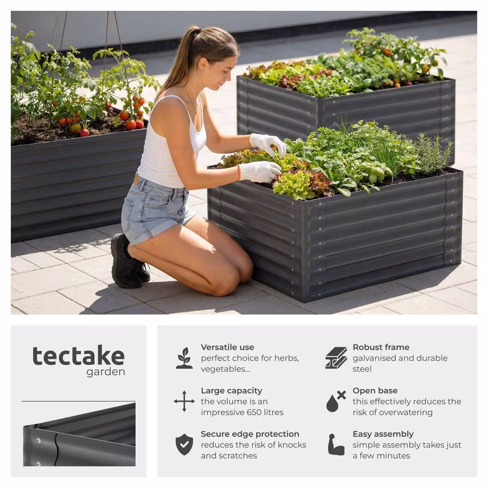 tectake Salvia Raised Garden Bed in Grey Galvanised Steel, W/D/H: 120 x 90 x 62 cm – 2