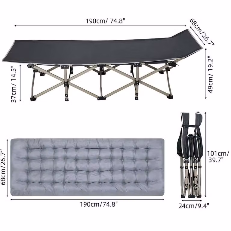 Havendro Heavy Duty Folding Camp Cot with Mattress, Grey, W/D/H: 190 x 68 x 27.2 cm