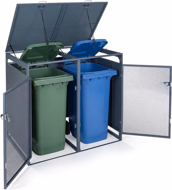 COSTWAY Grey Metal Outdoor Bin Store and Tall Storage Cabinet with Lockable Double Hinged Doors