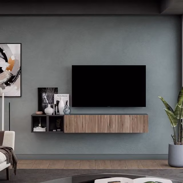 Decorotika Badalona Modern Wall Mounted Entertainment Center in Black and Oak with Geometric Pattern