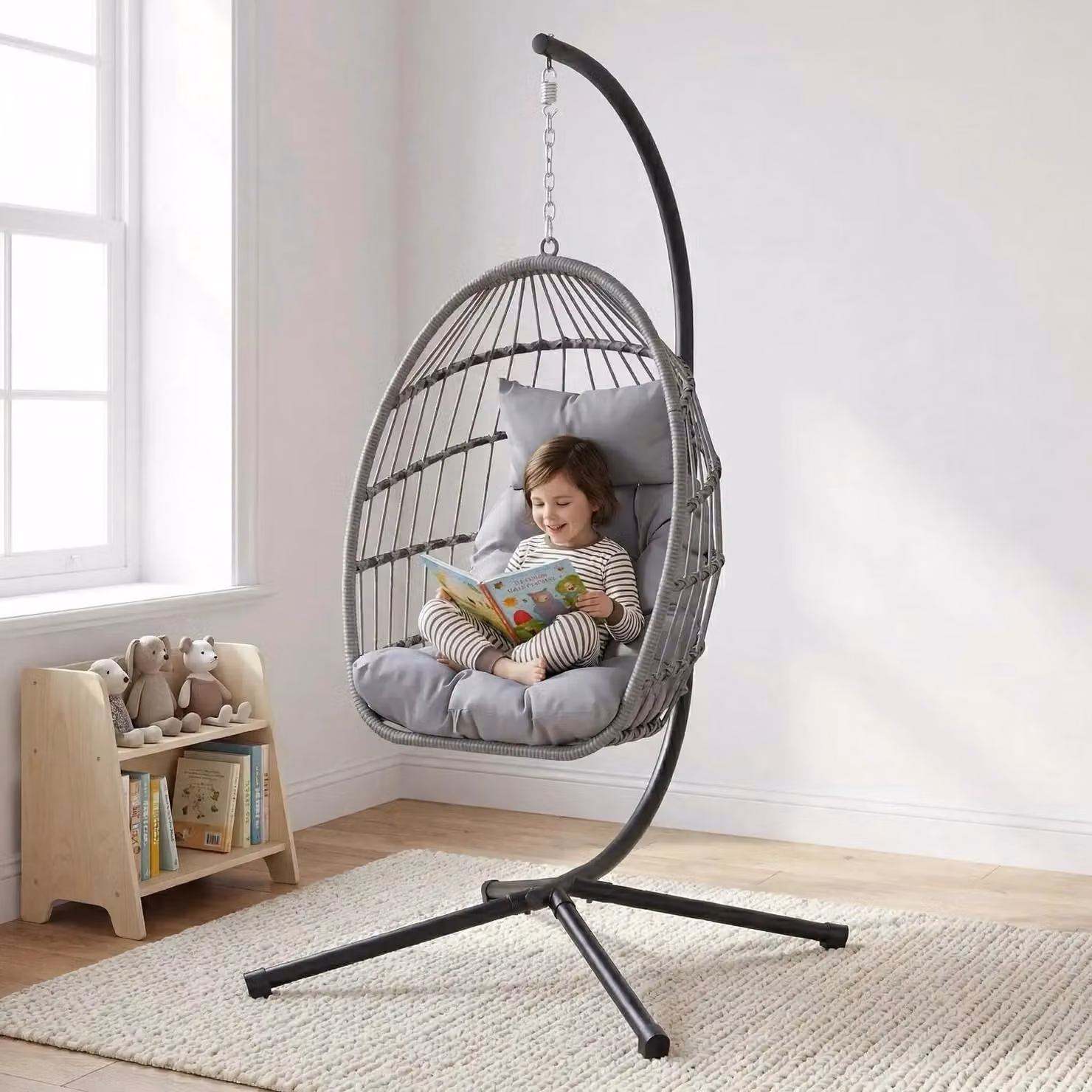 Alivio Grey Hanging Egg Chair with Stand, Weather-Resistant Rattan Swing Chair with Cushions for Indoor and Outdoor Use – 2