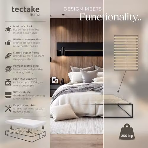tectake Kyoto Double Bed Frame in Black Metal with Poplar Wood Slats, W/D/H: 140 x 200 x 25.5 cm – 2