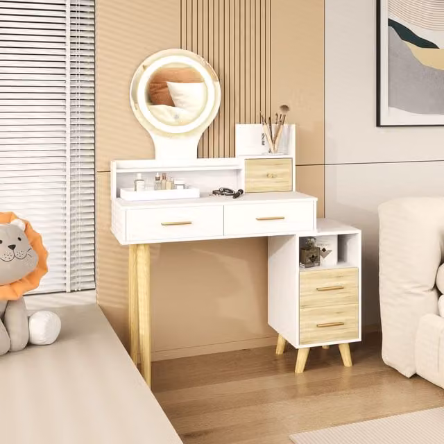 HOMCOM Scandinavian Dressing Table with Mirror and Adjustable LED Lights in White and Gold