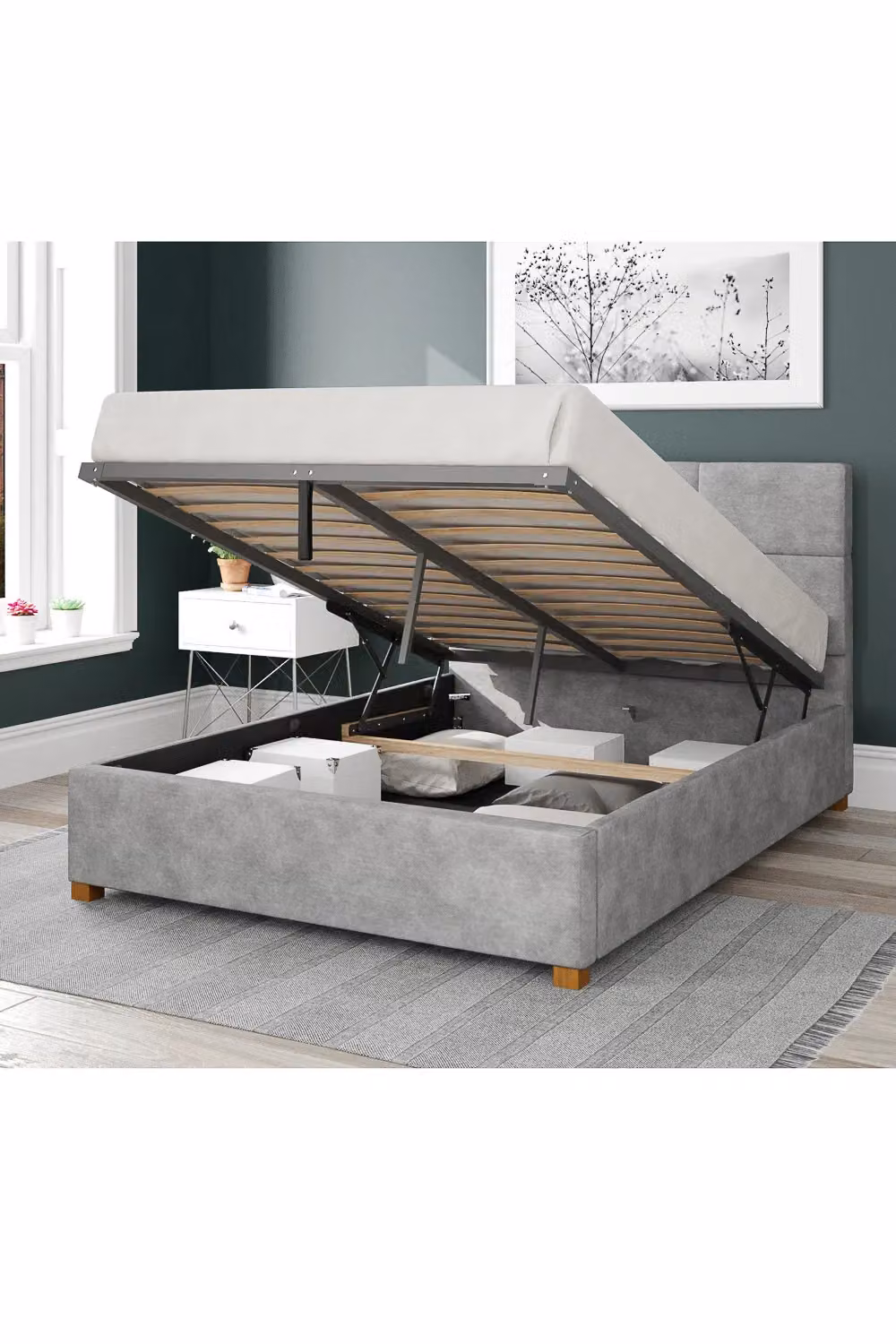 Aspire Caine Upholstered Ottoman Storage Bed in Silver Kimiyo Linen Fabric, Super King, W/D/H: 200 x 200 cm – 2