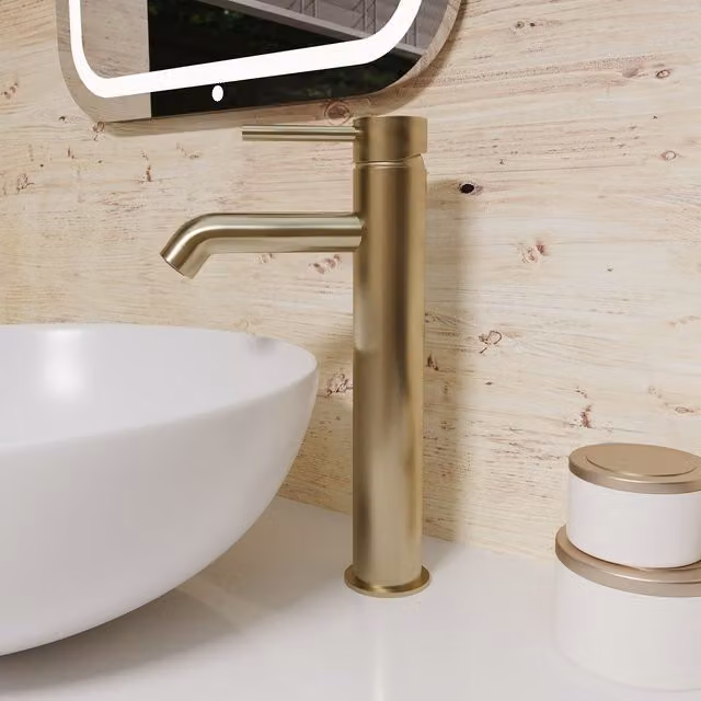 Nes Home Brushed Brass Countertop Tall Round Single Lever Basin Mono Mixer Tap in Gold – 1