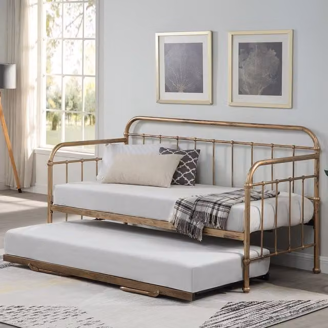 SlumberWorx Ickleford Industrial Metal Day Bed Frame with Trundle in Gold