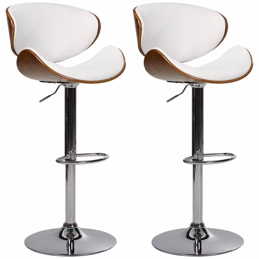 Wyld and Coco Set of 2 Modern Mid-Century Swivel Bar Stools in White Faux Leather with Dark Wood Look Finish – 2