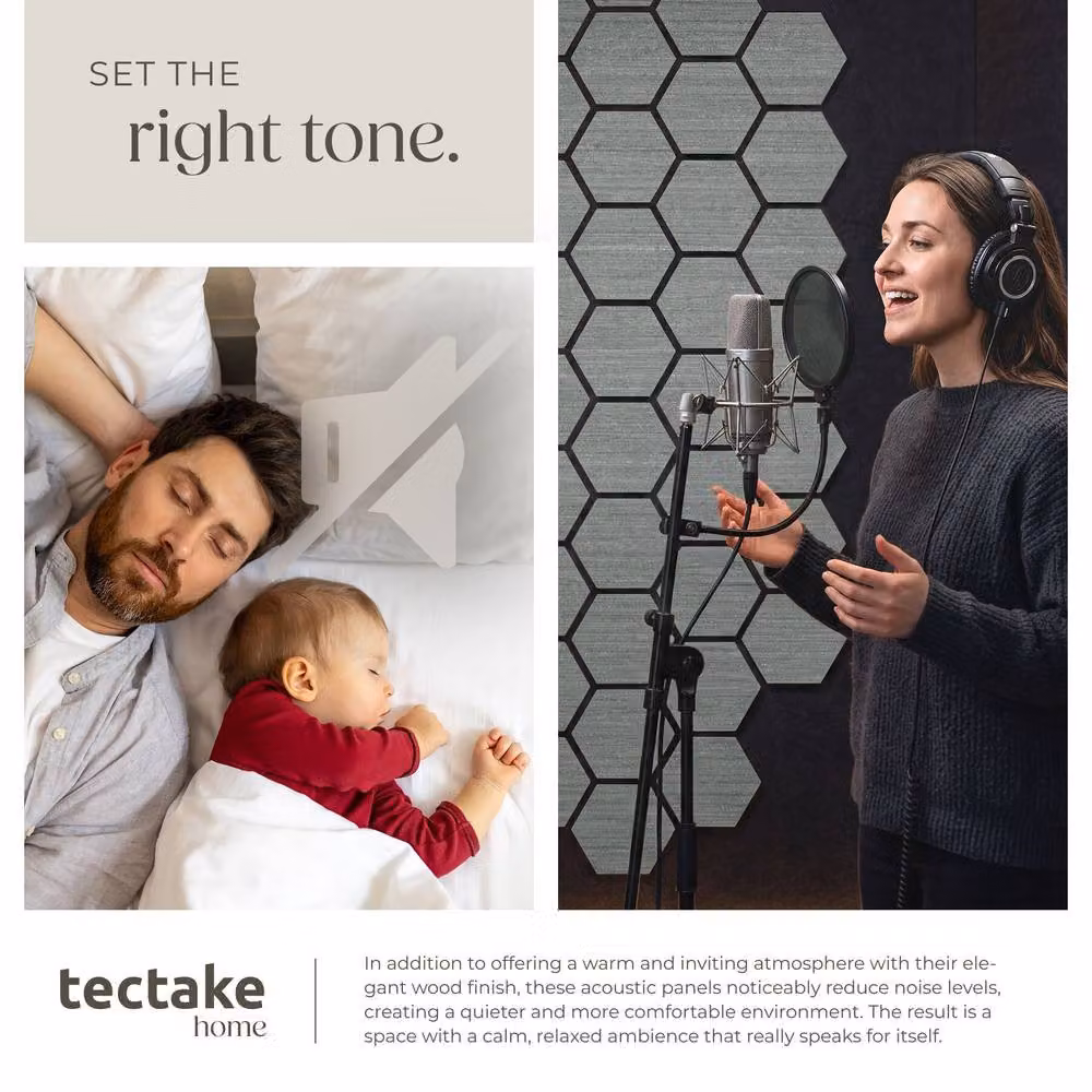 tectake Hexagonal Acoustic Sound-Absorbing Felt Wall Panels in Light Grey Wood Look – 5