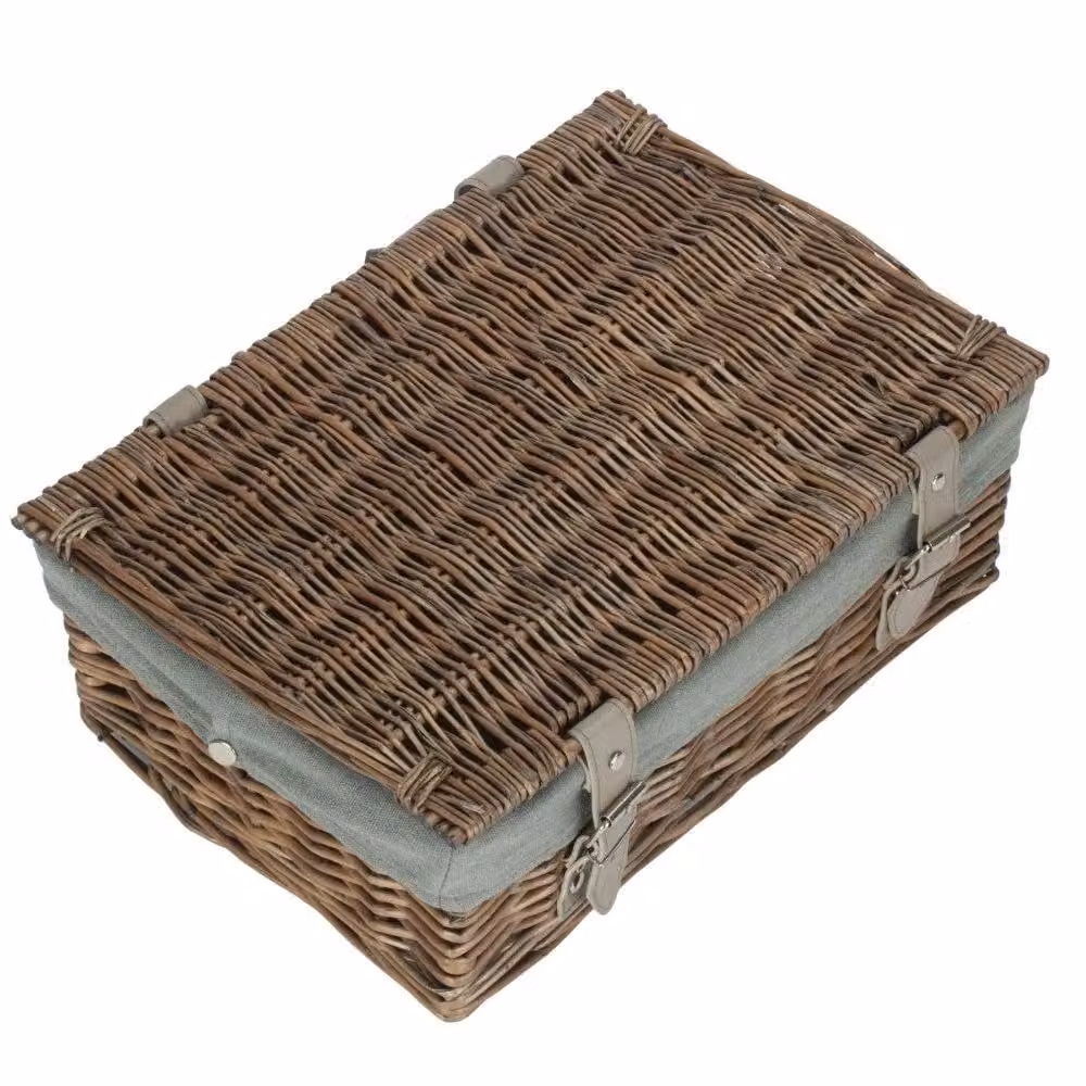 Red Wicker Empty Hamper Basket with Antique Wash and Grey Cotton Lining, Diameter: 35 cm – 2