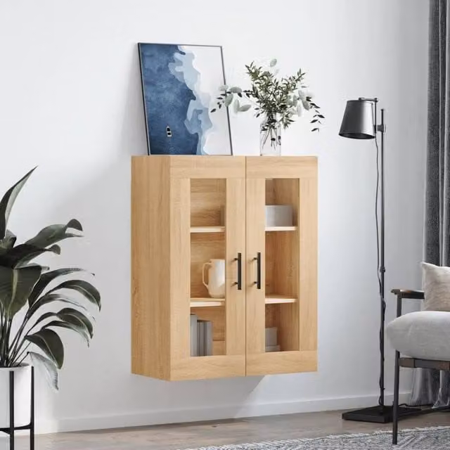 Berkfield Home Wall Mounted Sonoma Oak Cabinet in Brown with Glass Doors, W/D/H: 69.5 x 34 x 90 cm – 1