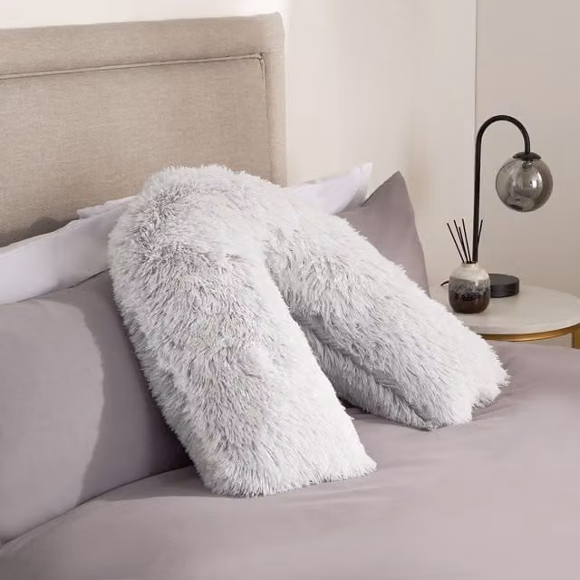 Huggleland V Shape Shaggy Wedge Pillow Cushion for Neck and Shoulder Support in Grey