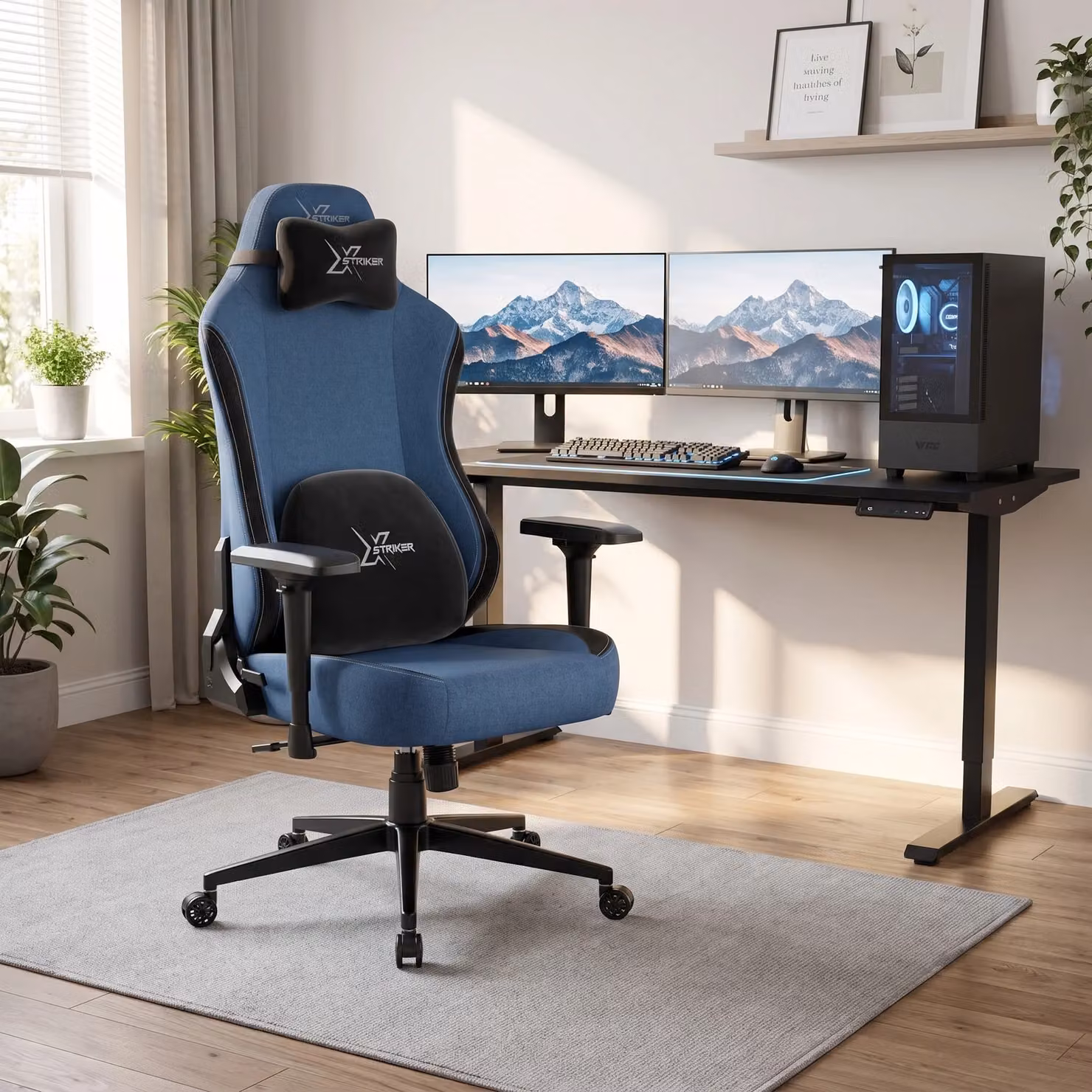 Xstriker Ergonomic Blue and Grey Velvet Gaming Chair with Headrest and Armrests